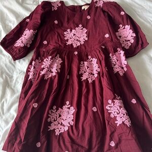 Pink Chicken Girls' Burgundy Dress with Pink Floral Embroidery size 8